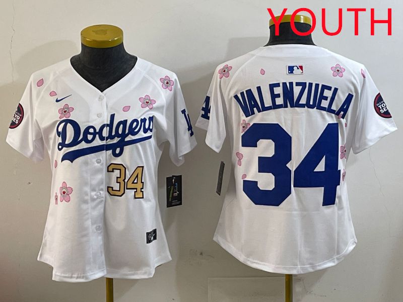 Youth Los Angeles Dodgers #34 Valenzuela White Sakura Edition 2025 Nike MLB Jersey style 6